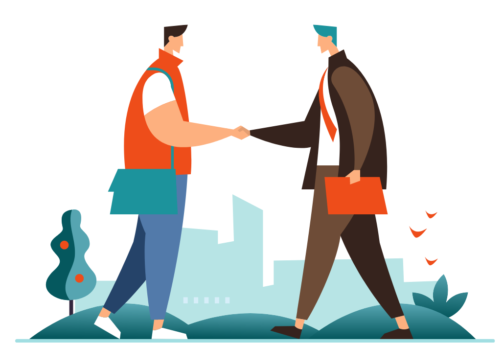 an illustration of student and business man shaking hands